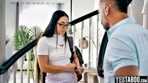 Latin teen stepdaughter in heart-cut crop top and mini skirt talks to older stepdad