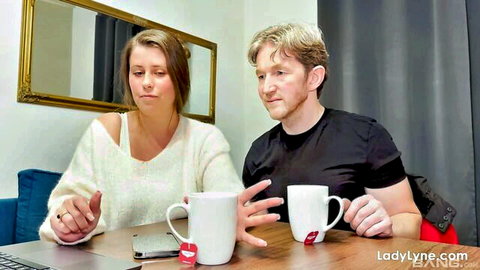 Lady Lyne, big-titted Belgian MILF, shares tea with partner in casual chat