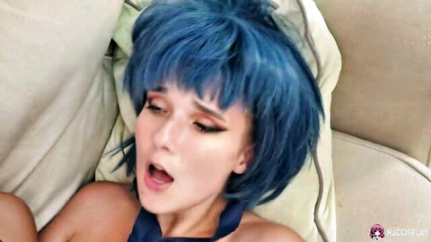 Blue-haired cosplay girl in intense blowjob ecstasy, topless bliss