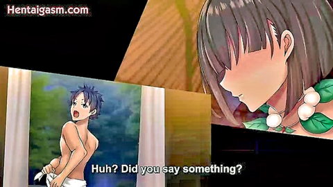 Hentai anime thumbnail: surprised shirtless virgin guy and seductive black-haired island girl