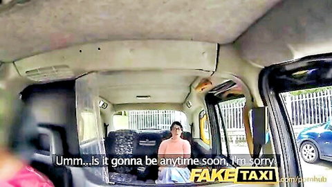 Impatient skinny brunette in taxi asks shirtless driver when he'll fuck her wet pussy
