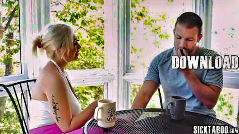Summer Vixen chats intimately with man on porch, busty blonde in tank top