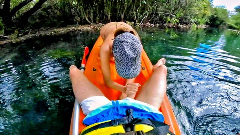 Couple risks outdoor kayak sex in river, hot doggy style action