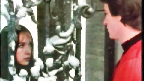 Vintage erotic couple gazing through ornate iron gate in historical scene