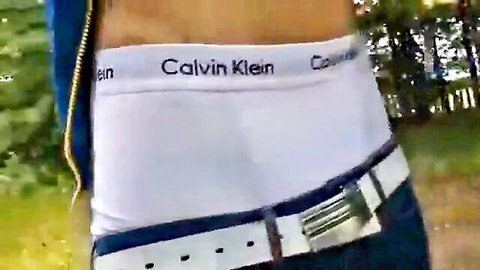 Outdoor twink sagging Calvin Klein underwear tease