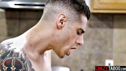 Tattooed man sticks tongue out in kitchen, McKenzie Lee stepmom taboo video