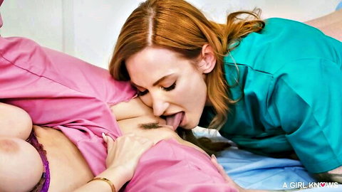 Redhead nurse licks bearded man's tongue as patient bares small tits in hospital threesome