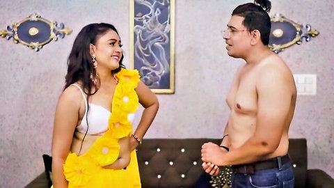 Hot Indian MILF in yellow saree with shirtless muscular man, amateur tease
