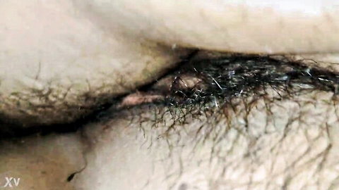 Close-up of hairy large butt wife showing anus and pubic area