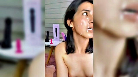 Asian woman with cum on face after deepthroat blowjob, naked upper body