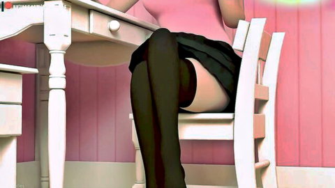 3D anime schoolgirl in pink top and black thigh-high stockings teases upskirt on chair