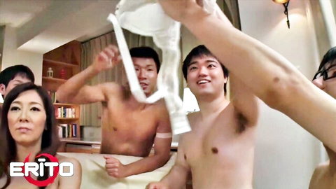 Asian hottie surprised by topless studs holding panties in Erito gangbang tease