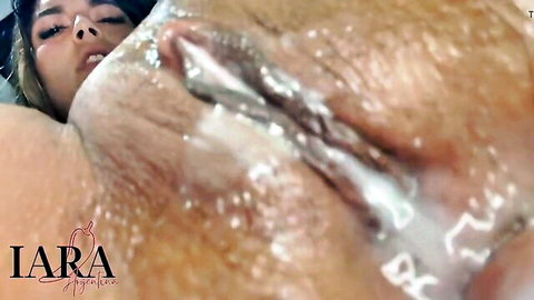 Iara Sanchez close-up face and cum-dripping pussy in solo anal dildo play
