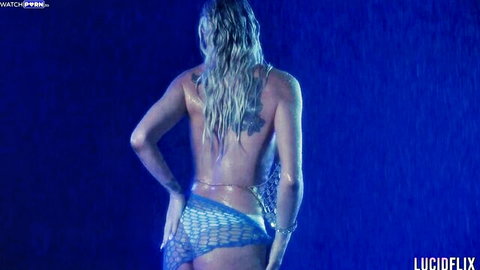 Kenzie Taylor wet blonde from behind in blue net bikini
