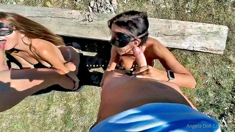 Blindfolded big tits babes outdoors tease exposed cock from blue shorts with tongue out