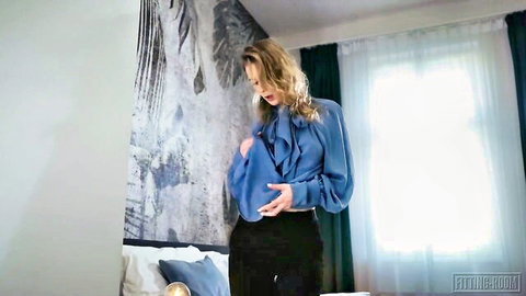 Aurora Snow as sexy babysitter in blue ruffled blouse and black pants