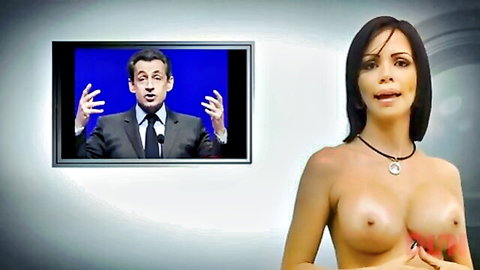 Topless Latina news anchor parody with Zelenskyy on screen