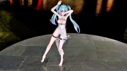 Teal-haired hentai babe in skimpy white lingerie poses seductively with high heels on stage