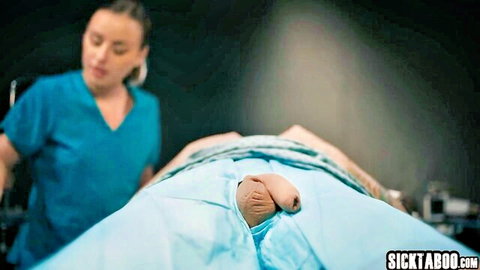 Nurse in scrubs exposes Tommy Pistol's hard cock for kinky medical exam