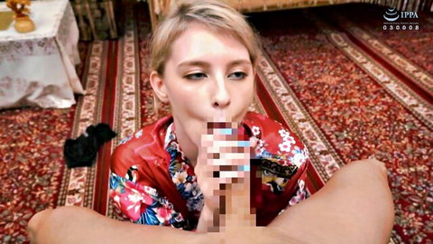 Nordic blonde in floral kimono giving censored blowjob, steamy creampie JAV debut