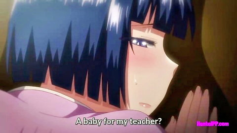 Blushing hentai schoolgirl with blue hair asks 'A baby for my teacher?' in ecstasy