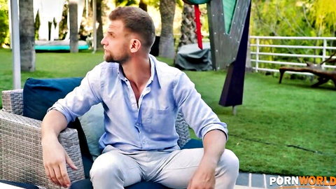 Handsome man in blue shirt outdoors for Natasha Nice anal sex scene