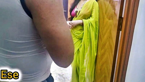 Sammy Sins with Alisha Bhabhi in green saree, Indian homemade cheating wife tease