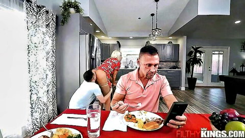 Big breasted blonde MILF rides cock anally while dining