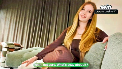 Blonde model Comatozze in cozy maroon outfit, smiling on first date tease thumbnail