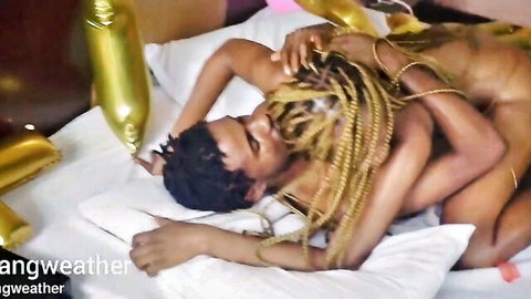 Slim black teen temptress with blonde dreads in nude interracial embrace