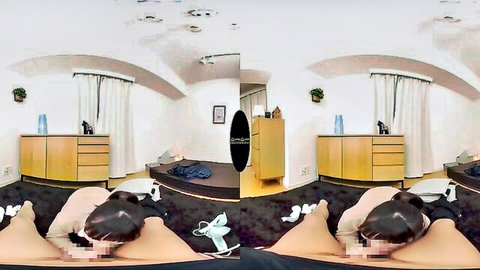 VR POV of naked Japanese babe ass up on bed using pink vibrator on censored shaved pussy
