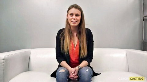 Pavlina's slender Czech beauty in casting interview, red top and blazer
