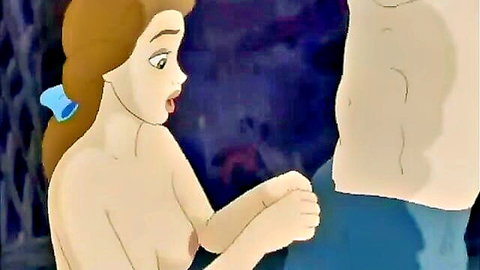Naked cartoon Belle with exposed tits grabs Beast's cock in shock