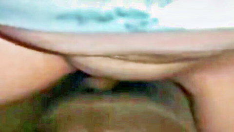 Closeup of wet shaved pussy penetrated by thick dark cock with blue panties pulled aside
