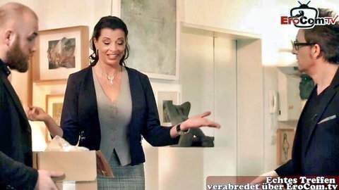 German MILF in business suit meets two men for MMF threesome