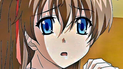 Surprised anime hentai girl with blue eyes, brown hair and open mouth closeup