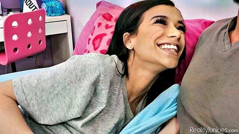 Savannah Sixx smiles intimately with older man in bed, stepdaughter tease