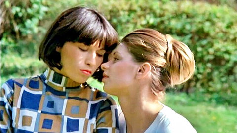 Jane Baker in intimate lesbian embrace, Sex Instructor 1981 vintage scene