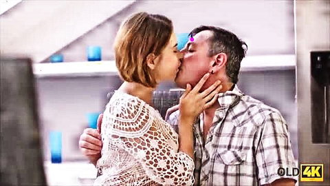Busty brunette cutie passionately kisses mature gentleman