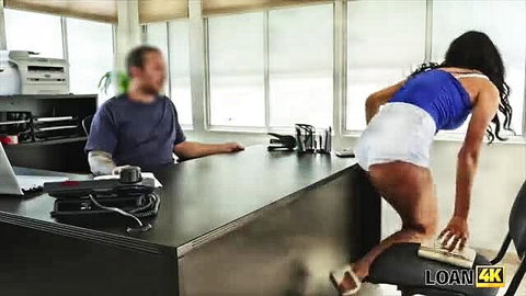 Hot black agent bends over desk in short shorts for boss dick