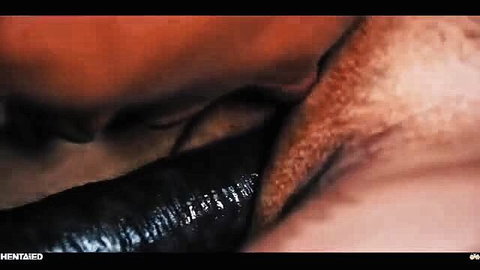 Closeup of big black cock sliding into tight shaved pussy lips