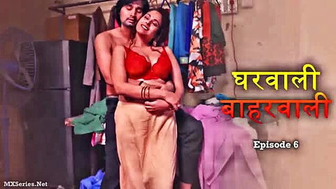 Chubby Indian MILF in red bra embracing nude man, Barawali Baharwali Ep 6