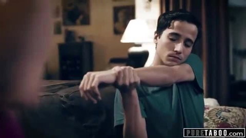 Handsome son in green tee rubs arm seducing busty stepmom