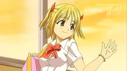Cute blonde anime girl in school uniform waving happily