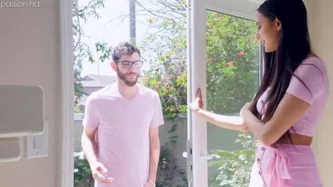 Asian beauty in pink mini dress flirts with neighbor at door