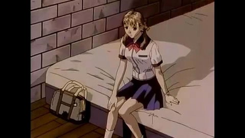 Blonde anime schoolgirl in uniform sitting on bed, Cool Devices hentai