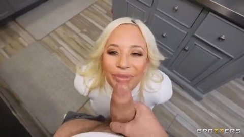 Jenna Lovely sucks cock POV on knees in kitchen, Brazzers