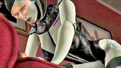 3D CGI robot woman in tight suit forces girl's face into her crotch on red chair