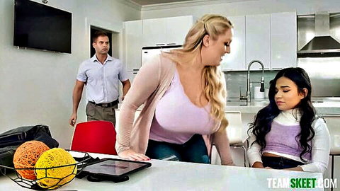 Hot Ass Hollywood as busty blonde stepmom talks to petite Asian tutor, stepdad watches