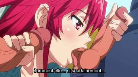 Redhead hentai girl sucks two huge cocks in intense threesome